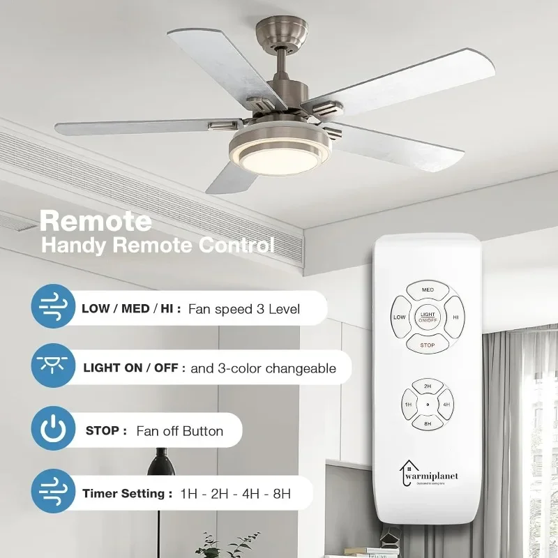 warmiplanet 52 Inch Indoor Ceiling Fan with Remote (2 Pack), Brushed Nickel Ceiling Fan with Lights Remote Control