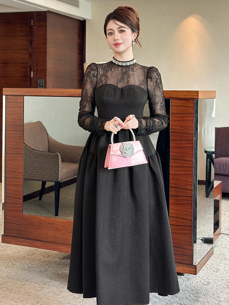 فستان نسائي فرنسي مثير باللون الأسود المبهر مزين بالترتر مع زخارف ماسية، حشوات لوحة من الدانتيل الشفاف للحفلات الراقصة أو جالاس الرسمي #2