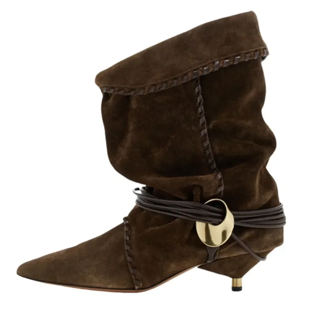 Autumn and Winter New Women\'s Thin Heel Short Boots Fashion Pointed Wide Tube Low Heel Wrinkled Women\'s 34-44 Large Ankle Boots