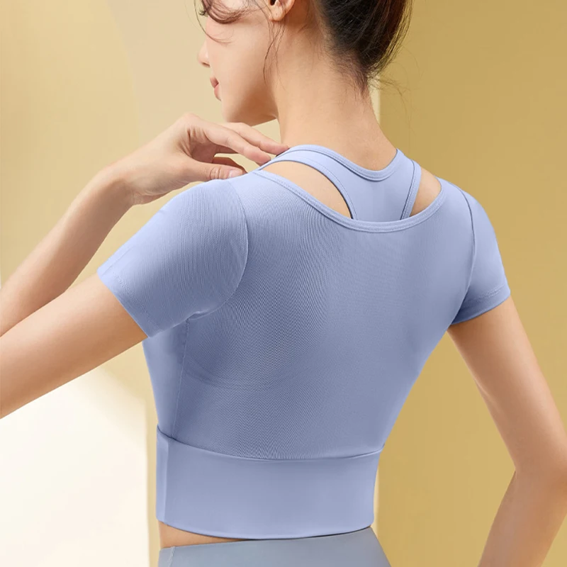 Women\'s Mesh Training Fitness Top Gym Workout Fake 2 Pieces Yoga Shirt Quick Drying Breathable Short Sleeve Sports Crop Top