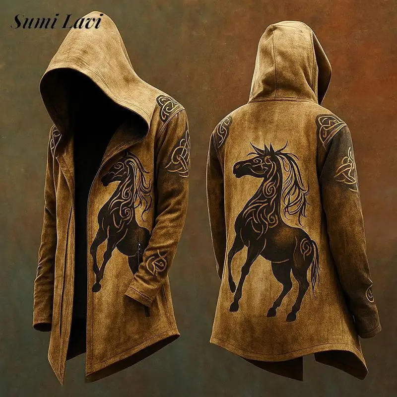 Vintage Goth Printed Hooded Coats Mens Fall Winter New Casual Loose Long Sleeve Long Cardigan Tops Men Fashionable Jacket Coat