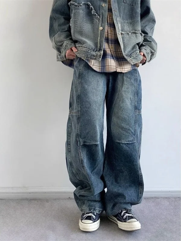 

Retro Blue Blade Men's Jeans Winter Trend Versatile Student Wide Leg Pants American Straight Leg Long Pants INS Straight Tube