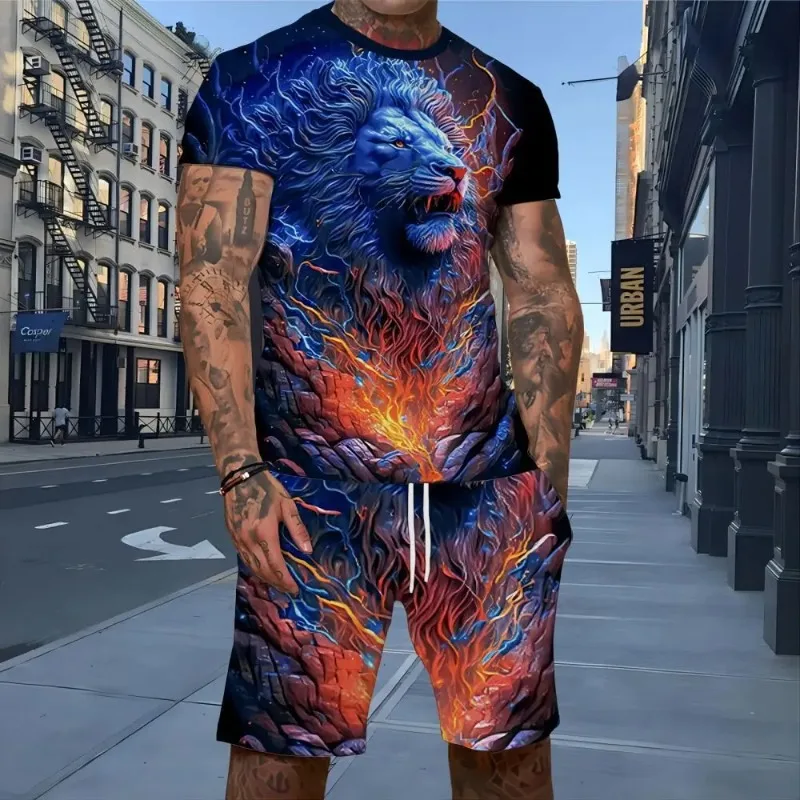 

2025 Summer Lion Animal 3D Printed Men's Round Neck T-shirt Short Sleeve Set Daily Casual Sportswear