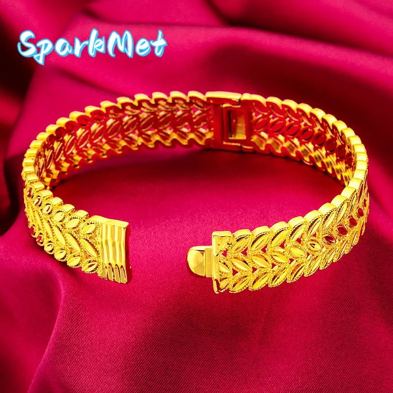 

Sparkmet24K gold wide-edged snap bracelet | AU999 full gold, three-dimensional leaf vein texture is lifelike