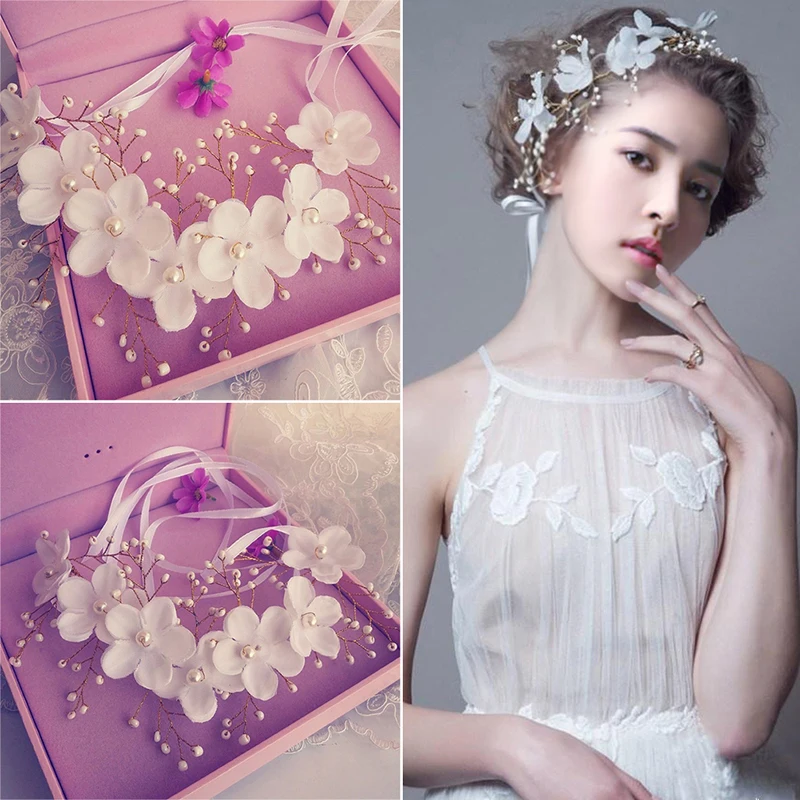 Flowers Pearl Garland Bridal Wedding Crown Floral Hair Headdress Headband