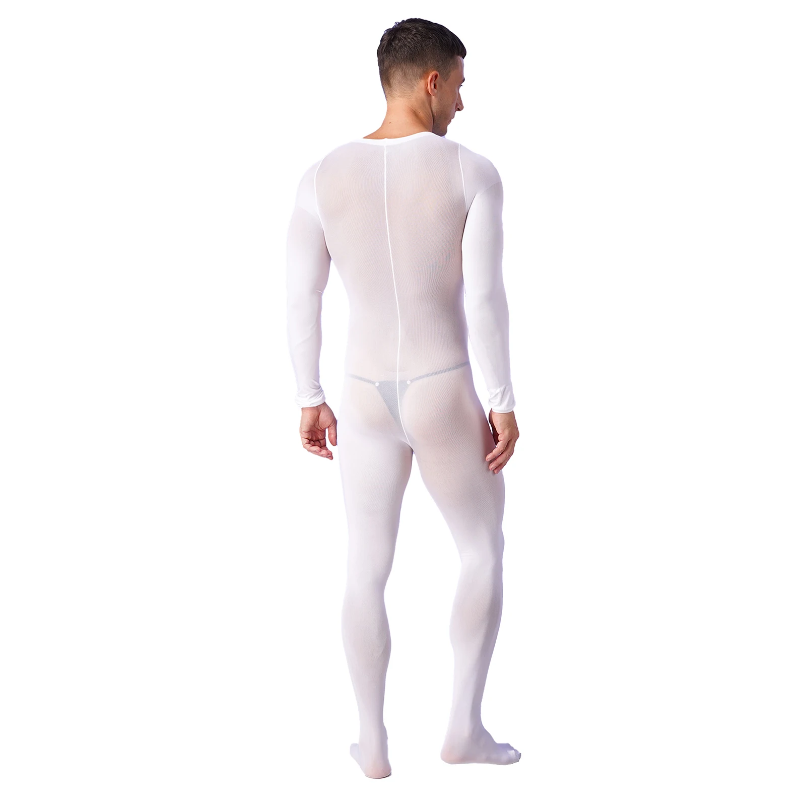 Lingerie Men See Through Bulge Pouch Stretchy Bodystocking Solid Color Round Neck Long Sleeve Bodysuit Underwear Nightwear