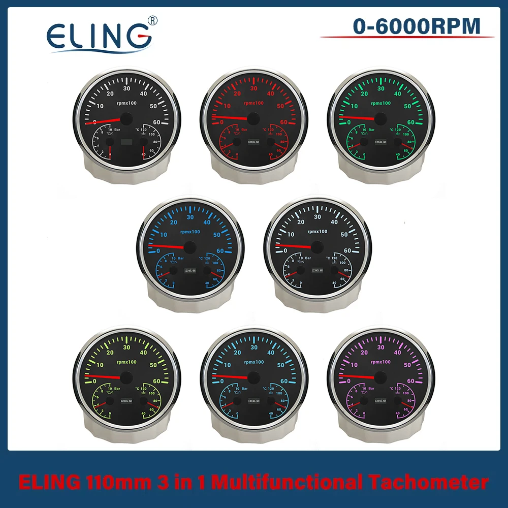 

Многофункциональный тахометр ELING 3-в-1, 110 мм, 0-6000 об/мин, с датчиком давления масла 10 бар, датчиком температуры воды, 12В/24В, с 7-цветной подсветкой