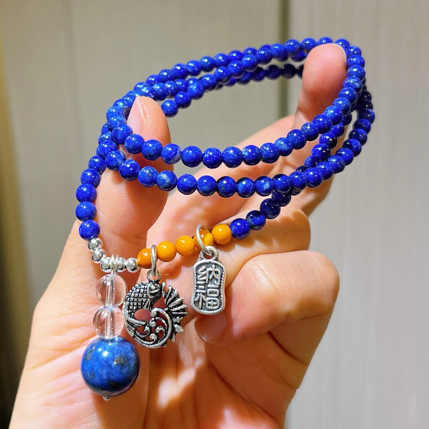 

Браслет из трех кругов из натурального лазурита со старинными серебряными аксессуарами, мужские и женские браслеты и ожерелья двойного назначения