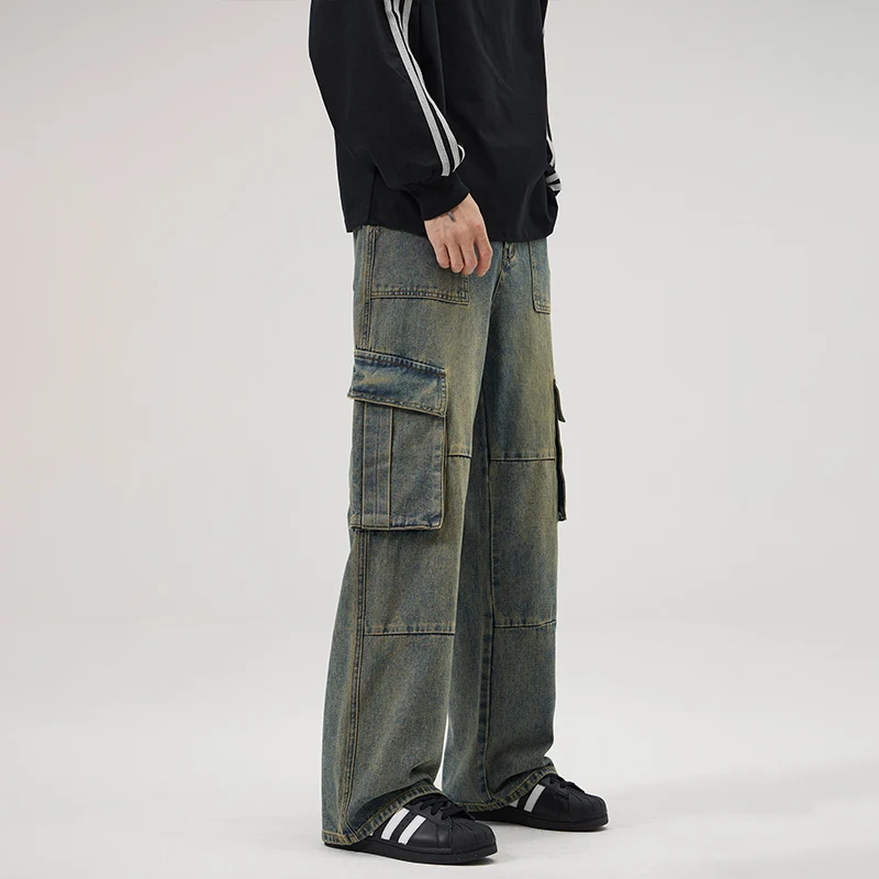 Classic Vintage Blue Men's Cargo Jeans Fashion Three-dimensional Large Pocket Wide Leg Pants Straight Baggy Male Denim Trousers