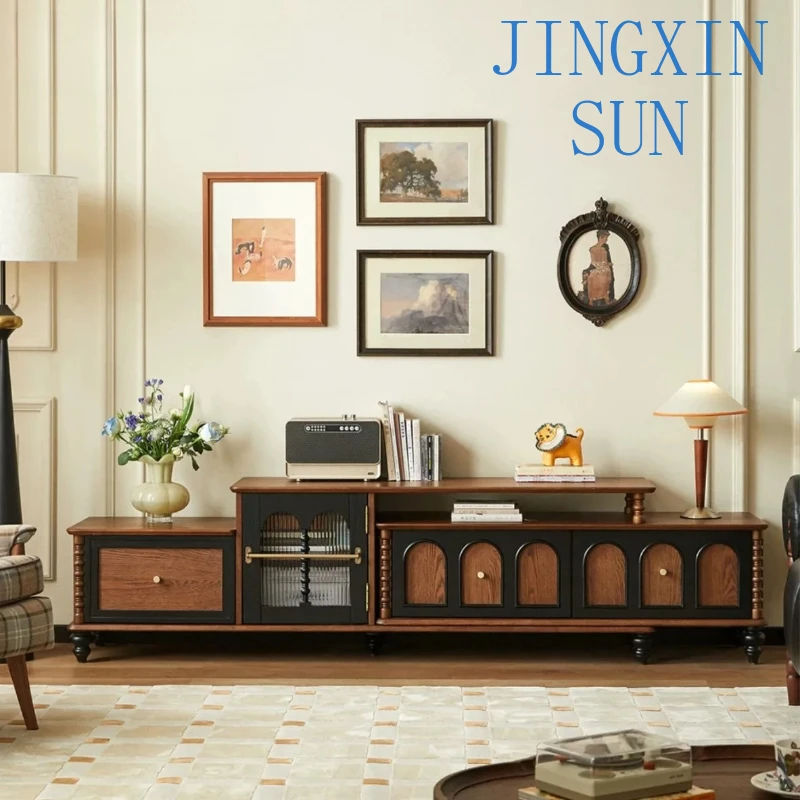 Retractable Living Room Storage System for TV Cabinet | Medieval Solid Wood Audio Visual Furniture for Home Entertainment