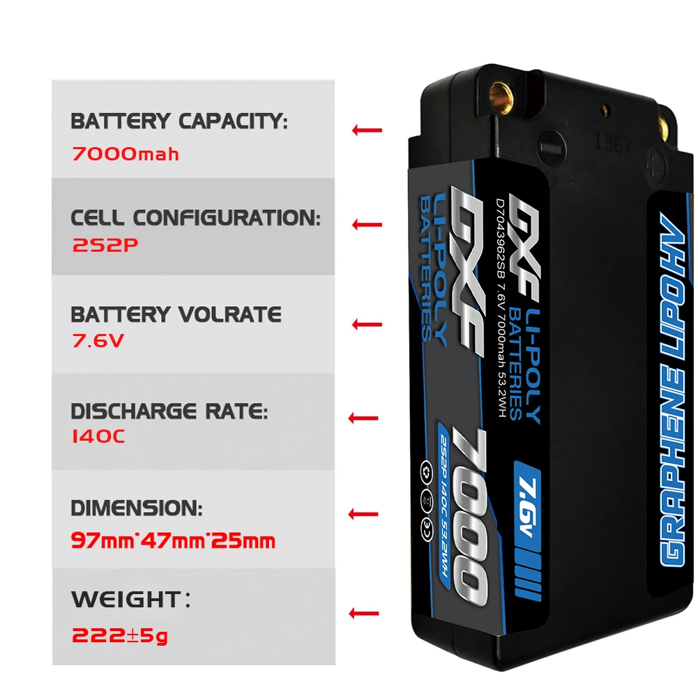DXF 2S 7000mAh Shorty Lipo Battery 7.6V 140C 5mm T Plug Hardcase for 1/10 Buggy Truggy Offroad Boat Car Truck RACING Helicopter