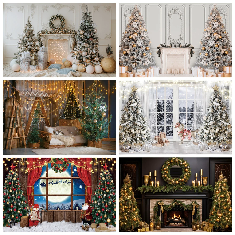 

Merry Christmas Gray Chic Wall Backgrounds For Photography Xmas Festivals Tree Fireplace Tree Ball Gift Party Interior Backdrop