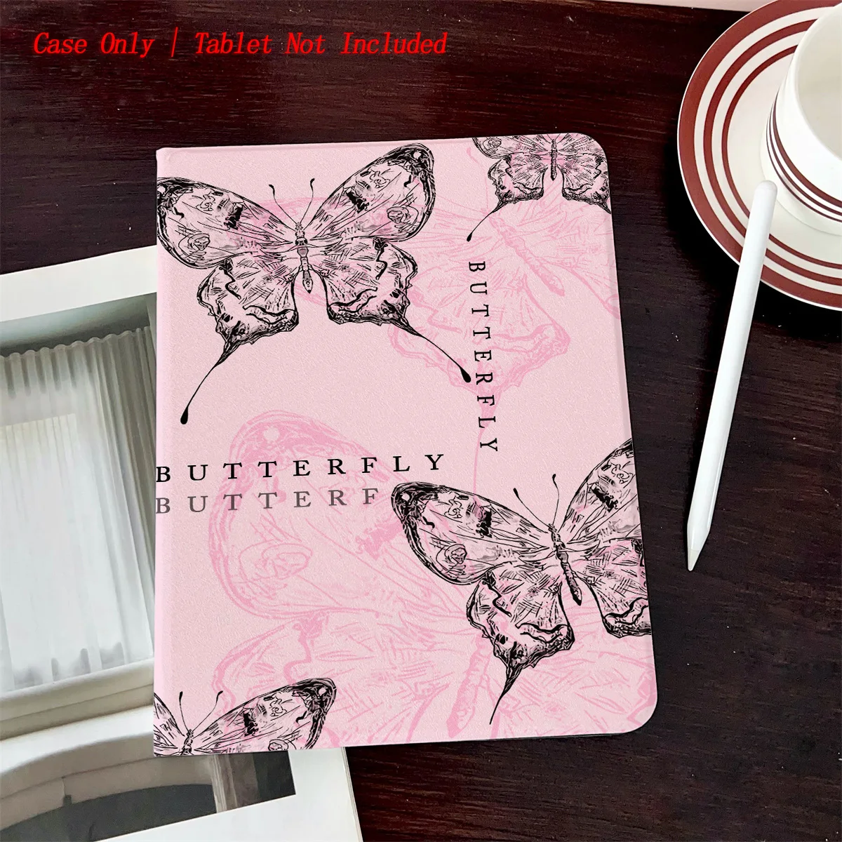

Simple Fresh Style iPad Book Cover with Pen Slot & Pink Butterfly Pattern for Multiple Apple Models, Durable