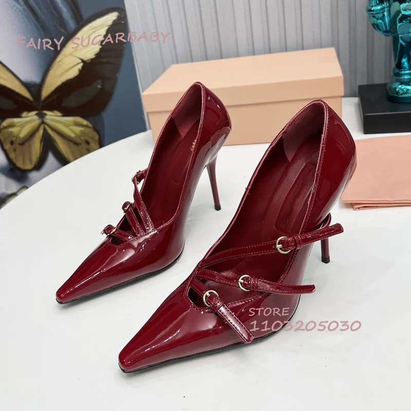 

Dark Burgundy Belt Buckle Pump Woman Elegant Spring Pointed Toe Heels 10Cm Pointed Toe Black Cover Mature Sandals Career Shoes