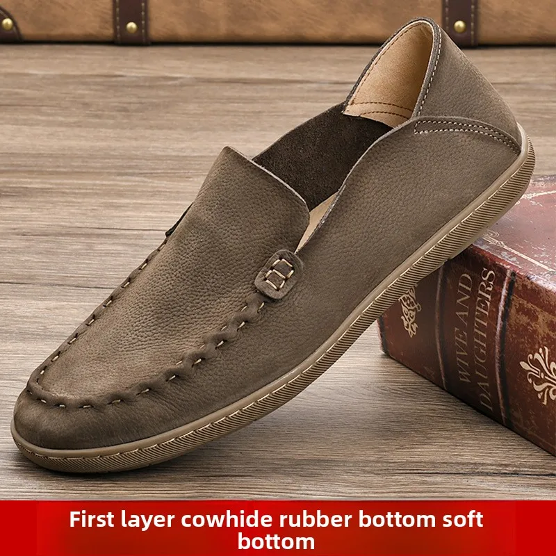 

New Top Layer Cowhide Leather Shoes Mens Retro Genuine Leather Casual Leather Shoes Comfortable Driving Shoes Soft Soled Loafers