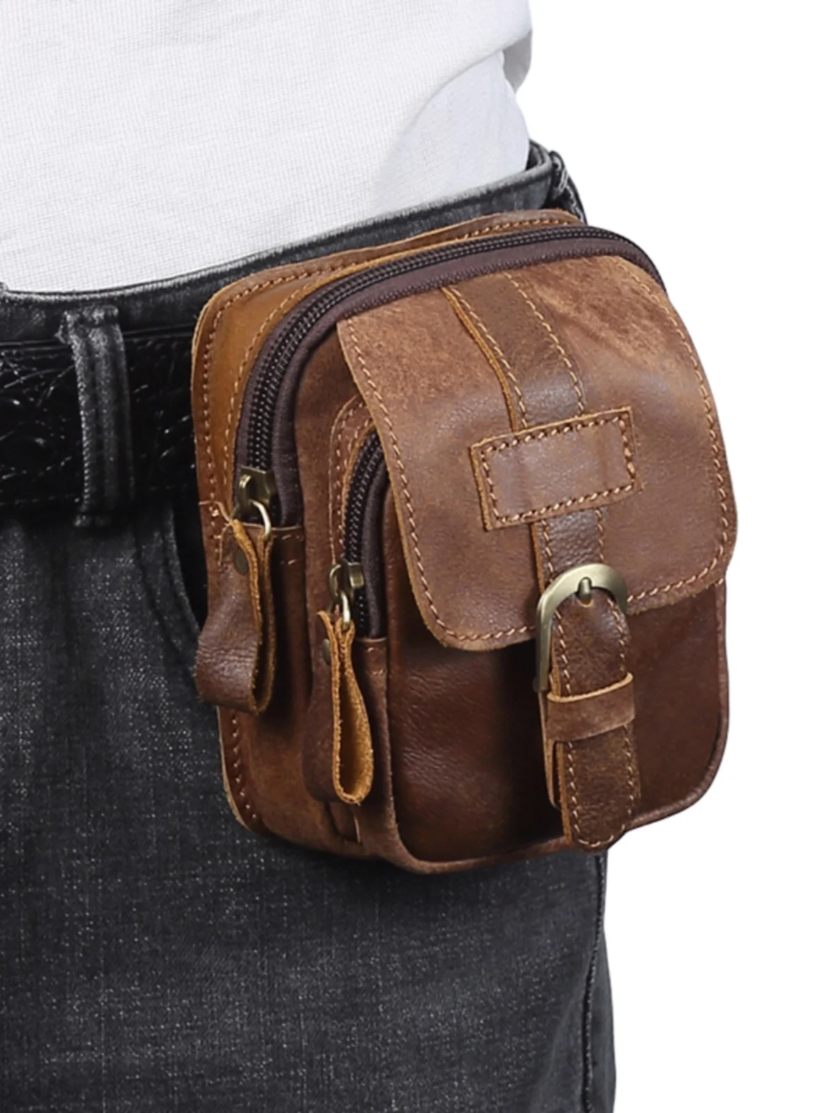 

Retro Genuine Top Layer Cowhide Sports Outdoor Waist Bag Men's Belted Mobile Phone Bag Leather Working Waist Hanging Bag