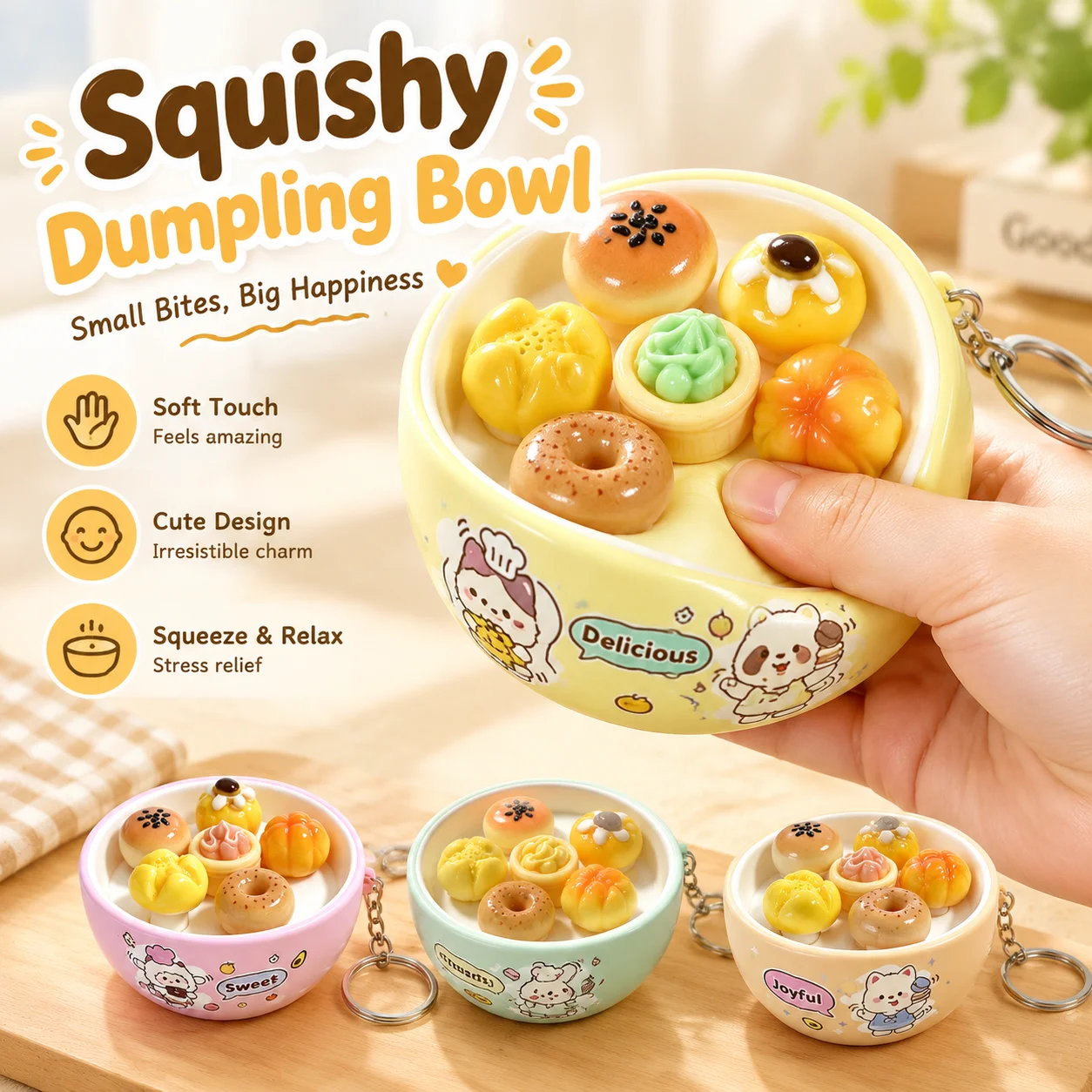 Cute Mini Stress Relief Whack A Mole Bowl Keychain Bread Fruit Shaped Pendant Press Vent Fidget Toy Kids Gift Cross Border