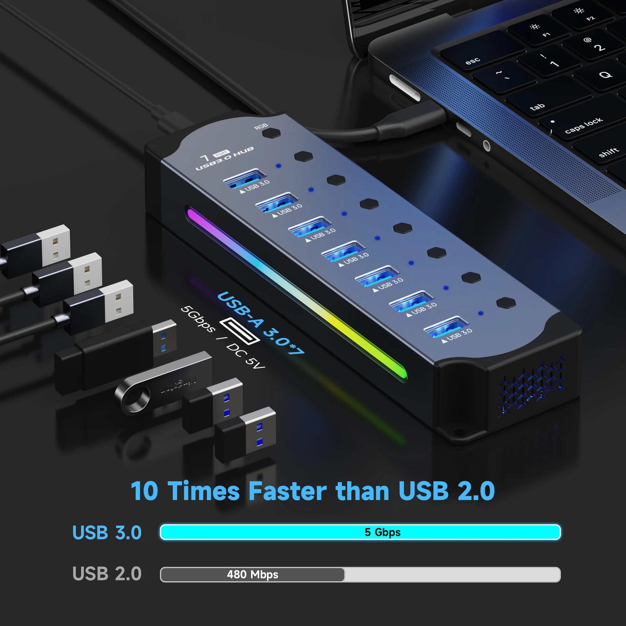 Imagem -03 - Rgb Porta Usb 3.0 Hub 5v 2.4a Adaptador de Energia Alta Velocidade Transferência de Dados Alumínio para pc Laptop