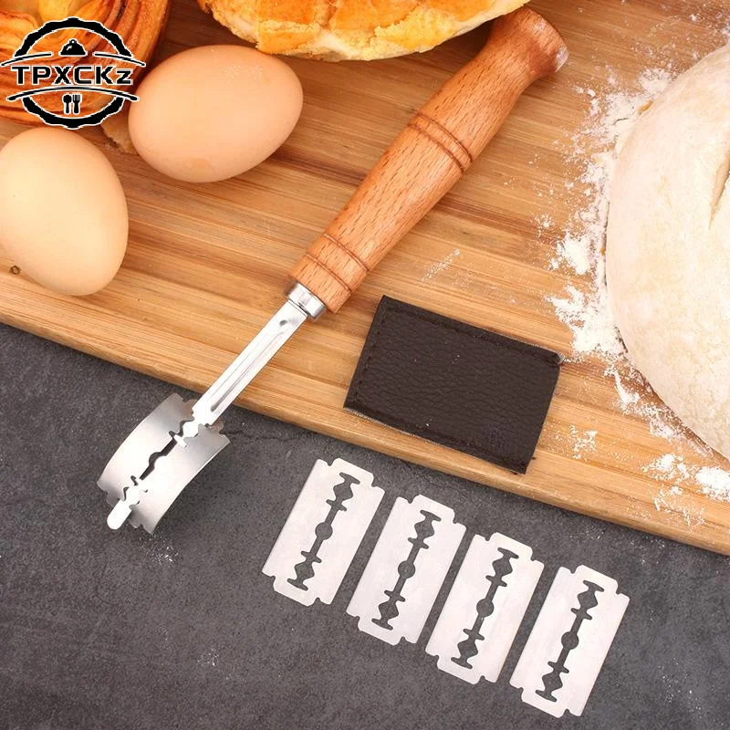 Dough Bread Pastry Cutter With 5 Blades Toast Curved Baguette Bread Knife Wooden Handle Bakers Baking Accessory Pastry Spatulas
