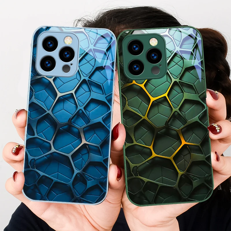 Nucleo a nido d'ape esagonale per iPhone 17 Air 16 E 15 14 13 Plus 12 mini 17 Pro Max 11Pro XR Xs X 7 8 11 Custodia per telefono in vetro temperato