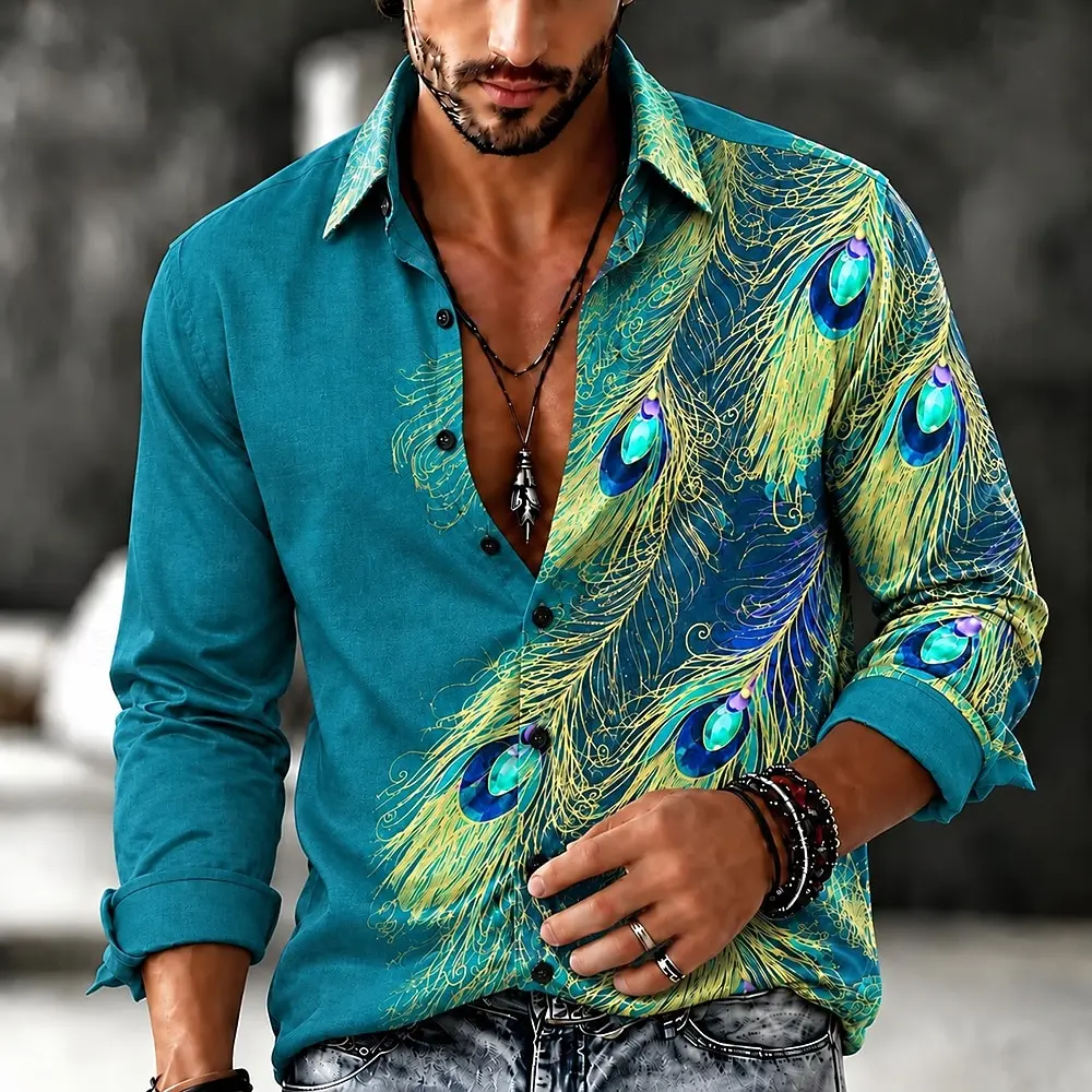 Men Teal Peacock Feather Print Long Sleeve Shirt Lapel Button Casual Vintage Holiday Shirts