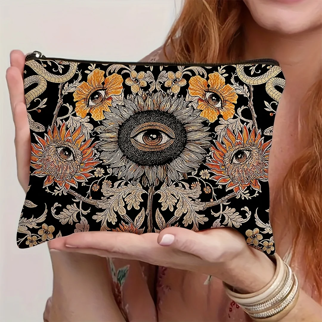 1pc Mystical Evil Eye & Sunflower Makeup Bag – Retro Floral Cosmetic Pouch, Black Background with Vibrant Tarot Card Designs