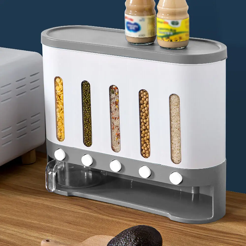Dispensador de almacenamiento de alimentos secos montado en la pared, organizador hermético de cereales y cereales con capacidad de 9Kg y compartimentos extraíbles