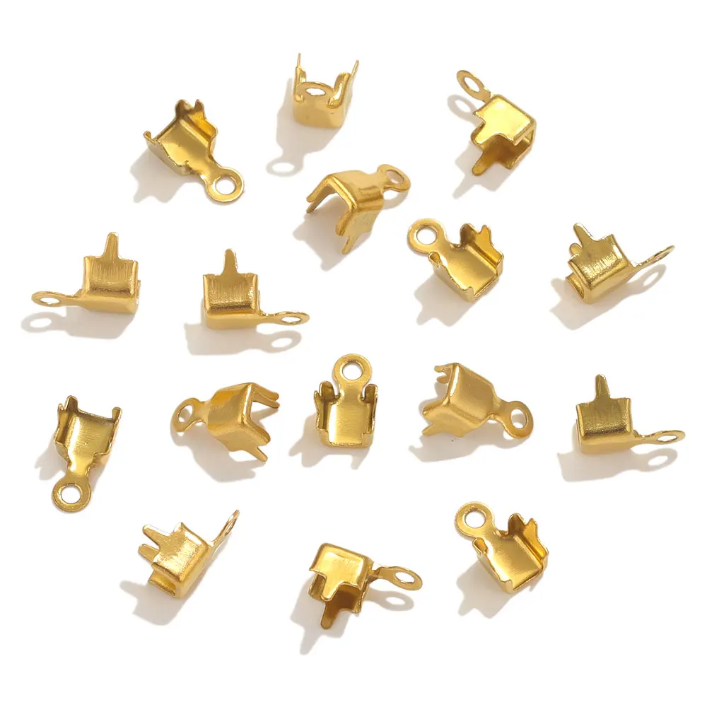 50pcs Gold Stainless Steel Clasps Cords End Clip Tip Fold Crimps Cubic Zircon Chains Connectors DIY End Clasp Jewelry Finding