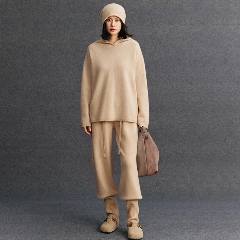 Pullover con cappuccio Pantaloni con risvolto Set completo da donna 100% cashmere Set moda casual Maglione Autunno Inverno Set morbido e confortevole in maglia