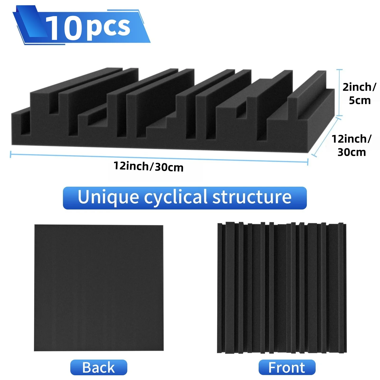 10 Piece 300x300mm 5cm Thick High-Density Sound-Absorbing Foam Board Groove Black Modern Bedroom Gym with 50 Pieces of Adhesive