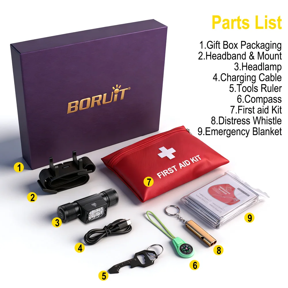 

Налобный фонарь BORUiT HP360 для активного отдыха, водонепроницаемый IP67, с зарядкой Type-C, инструмент EDC, с комплектом для оказания первой помощи: спасательное одеяло, свисток, компас, в подарочной коробке, фиолетовый
