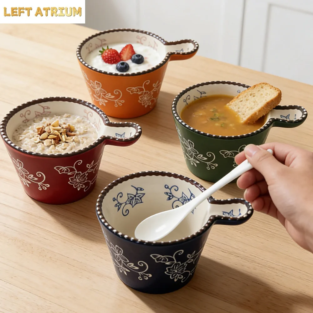 Dots Relief Floral Ceramic Bowl Creative Handgrip Porcelain Homehold Dinnerware Milk Oats Yogurt Breakfast Bowls Personal Items