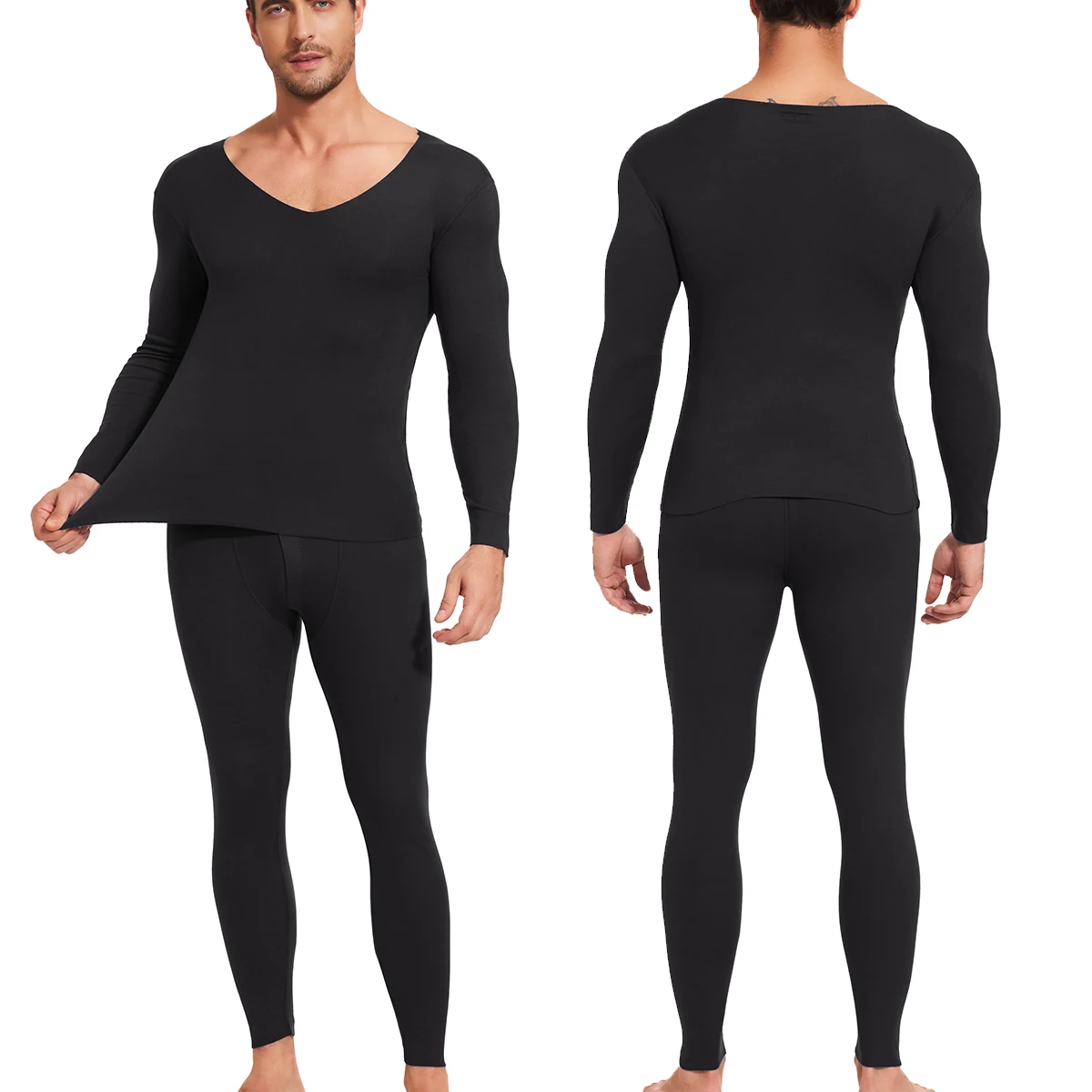 Mens V-neck Premium Thermal Underwear Suit Ultra Soft Long Johns Fleece Lined Keep Warm Base Layer Thermal Clothes Set of 2