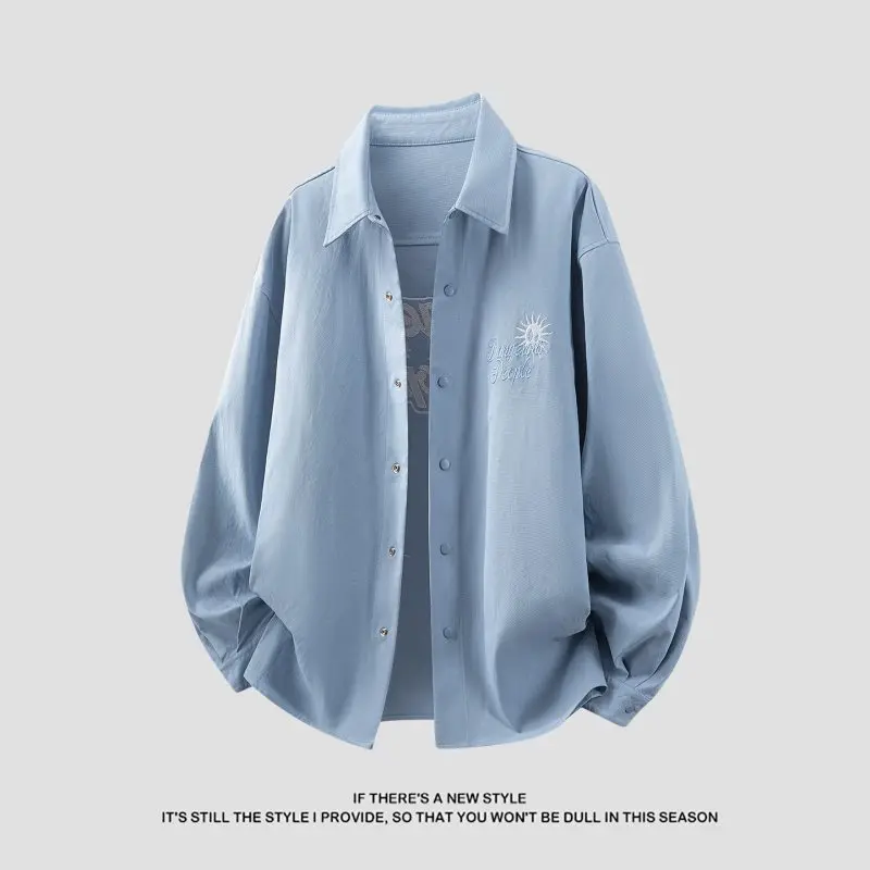 

Новая весенняя мужская рубашка с длинным рукавом и вышивкой, модная, свободного кроя, повседневная, из хлопка, в стиле рабочей одежды, с классическим воротником, для пар.