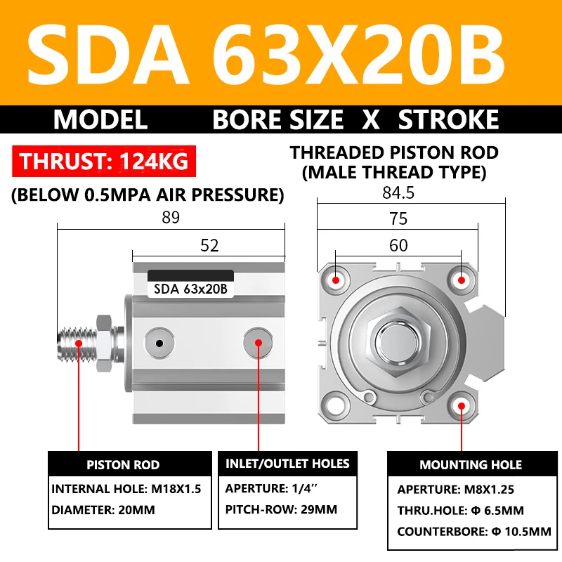 

ABILKEEN SDA63X20B SDA Series Thin Air Cylinder 63MM Male Thread Bore X 20MM Stroke Double Acting Pneumatic Compact Cylinder