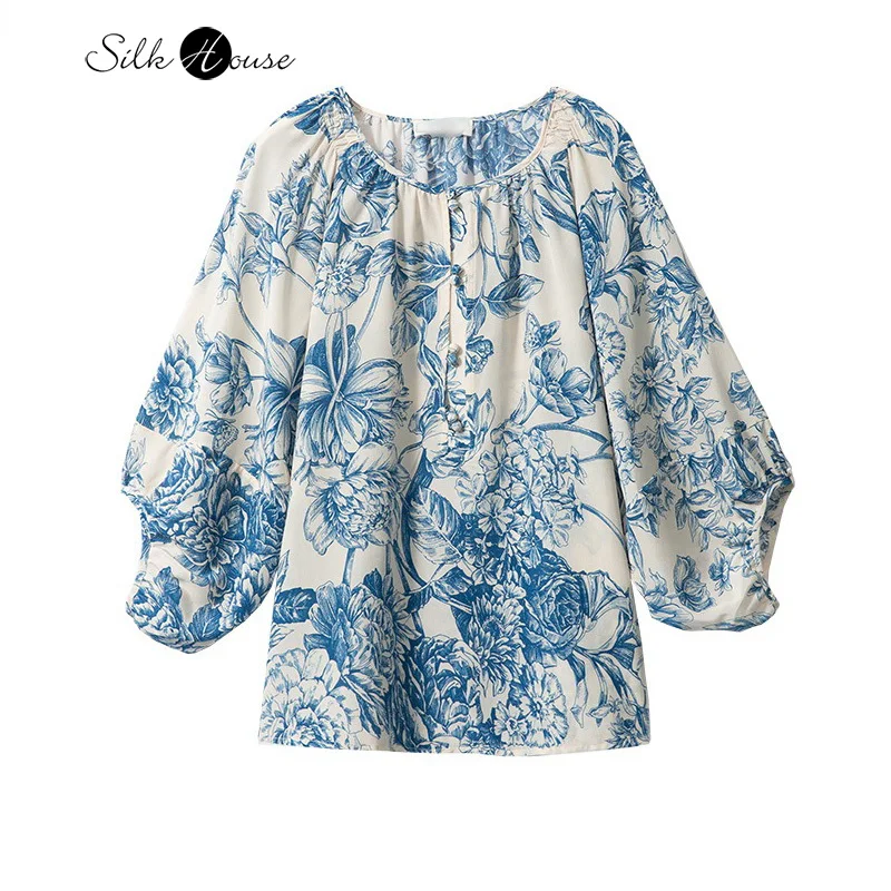 

Chinese Style Ink Print Elegant Style 100% Natural Mulberry Silk Crepe De Chine Loose Lantern Sleeves Women's Casual T-shirt