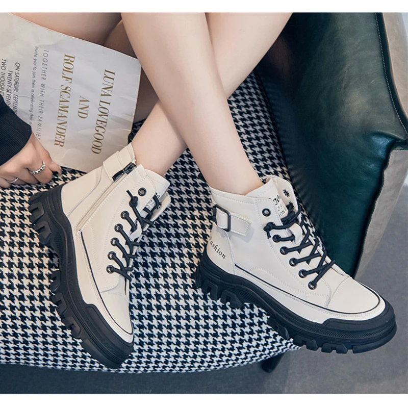 100% جلد طبيعي الشتاء أحذية النساء الموضة الحديثة الأحذية العلامة التجارية السيدات حذاء من الجلد سميكة وحيد الارتفاع زيادة 4 سنتيمتر D238 #5