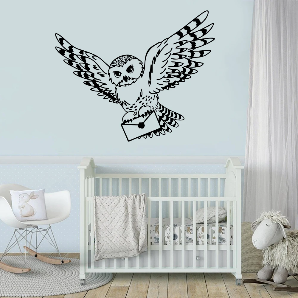 Cartoon Magic Snowy Owl with Letter Wall Sticker Decal Anime Movie Bird Inspiral Quote Living Room Kids Room  Home Decor