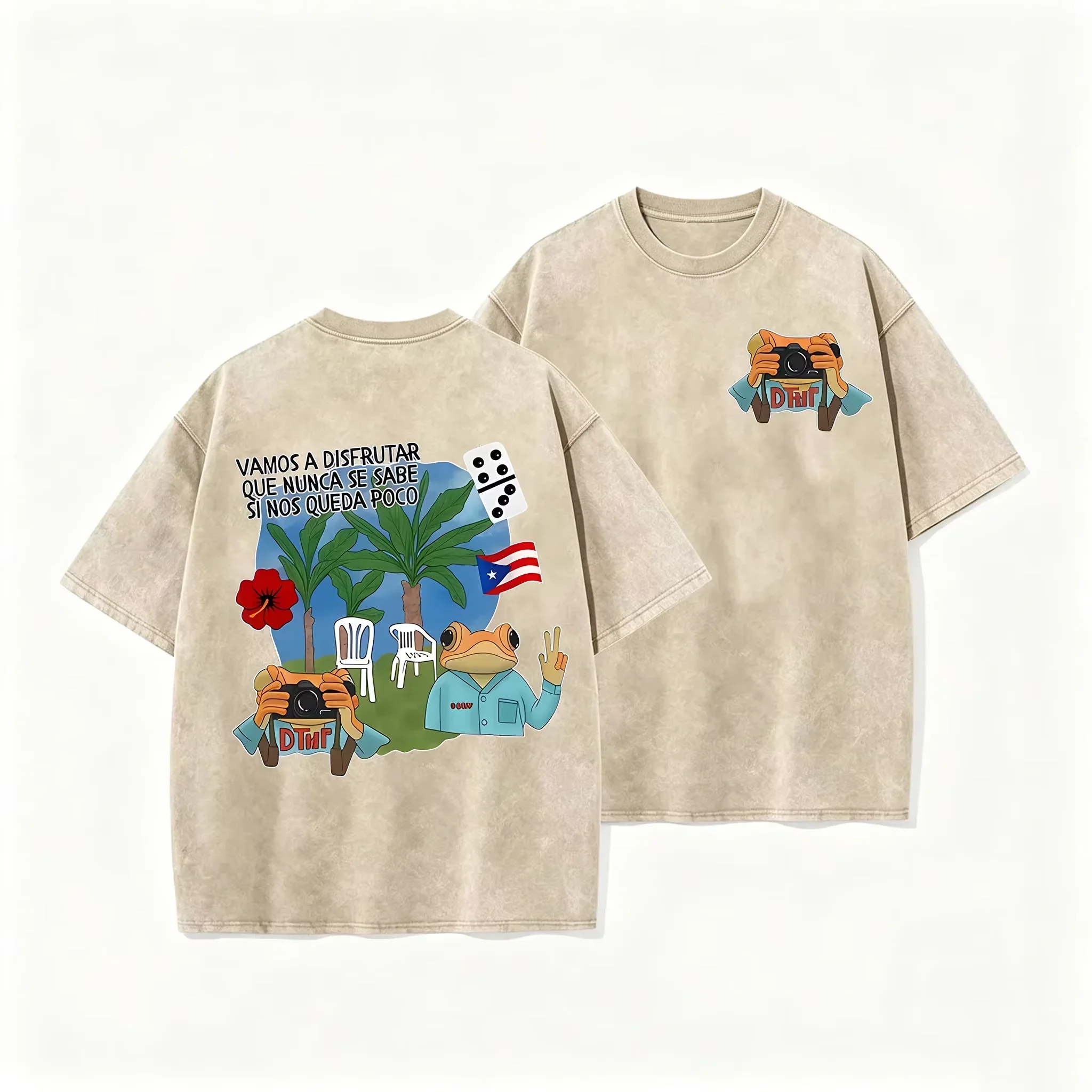 Puerto Rico Flag Frog Vamos A Disfrutar Quote Print Washed Beige Travel Lover T-shirt