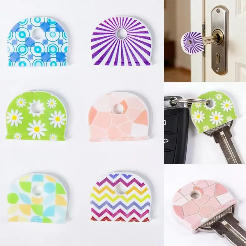 6Pcs Soft Round Shape Key Identifier Flower Pattern Non Slip Key Protector Colorful Silicone Key Sleeve Key Chain