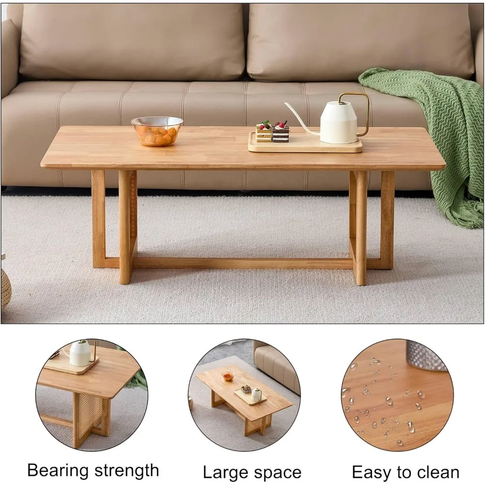 Прямоугольный деревянный журнальный столик в стиле бохо с ножками в стиле ротанга для гостиной