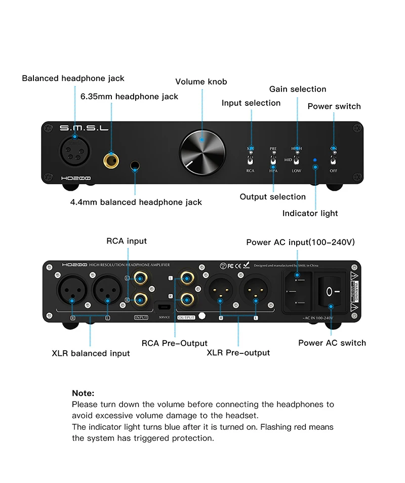 SMSL HO200 HiRes amplificador de fone de ouvido 16ohm 6W/32ohm 3W RCA PRE saída para hi-end pré amp XLR balanceado 4.4 saída balanceada 6.35mm