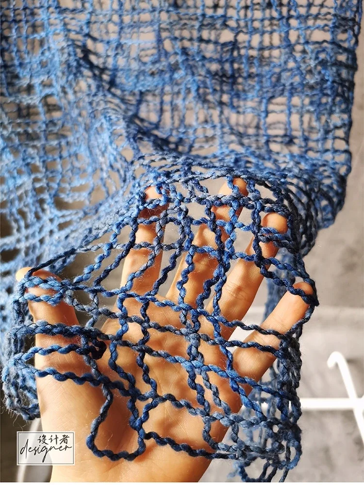 Weave Mesh Fabric Hollow Out Blue Grid Dress Shawl Apparel Sewing Fabrics Cloth Diy for By The Yard Acrylic Polyester Material