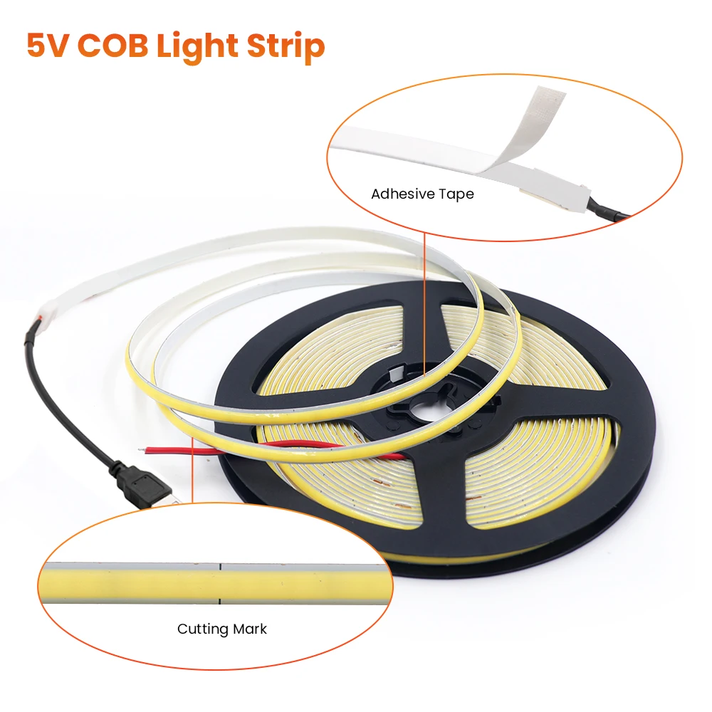 5V COB LED Strip Light with Switch 320Leds/m Dimmable FOB COB LED Tape Lights RA 90 5mm Width Flexible Ribbon Diode USB Powered