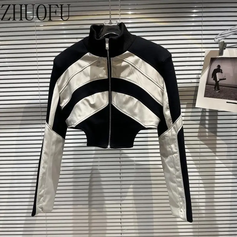 Sweet Cool Hot Girl Color Blocking Women's Coat 2026 Autumn Winter Waist-cinching High Neck Shoulder Padded Short Jacket Ladies