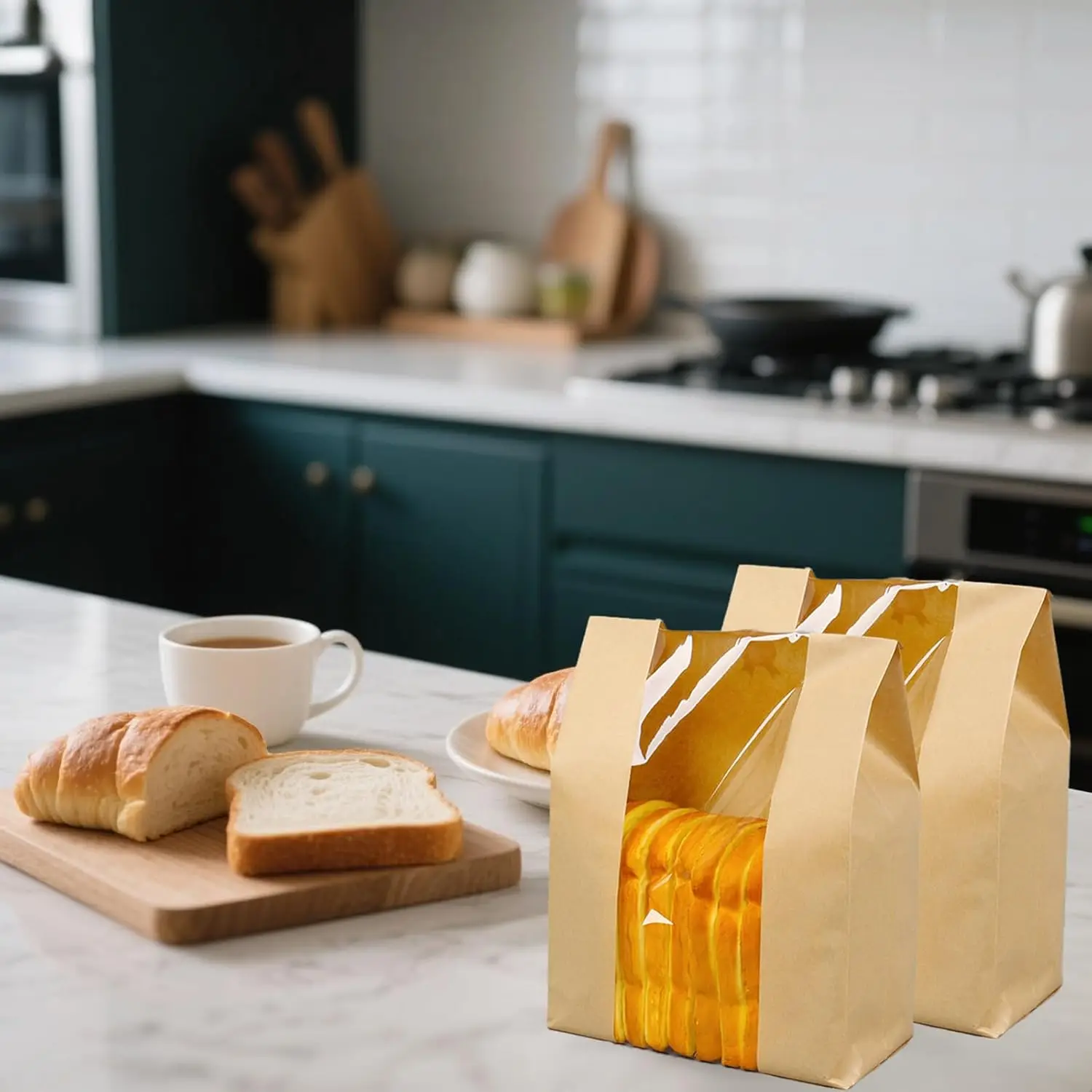 25Pcs Kraft Paper Bread Bags with Window & Thank You Stickers(25 Bags + 25 Stickers), Bakery Paper Bags, for Bread, Toast and