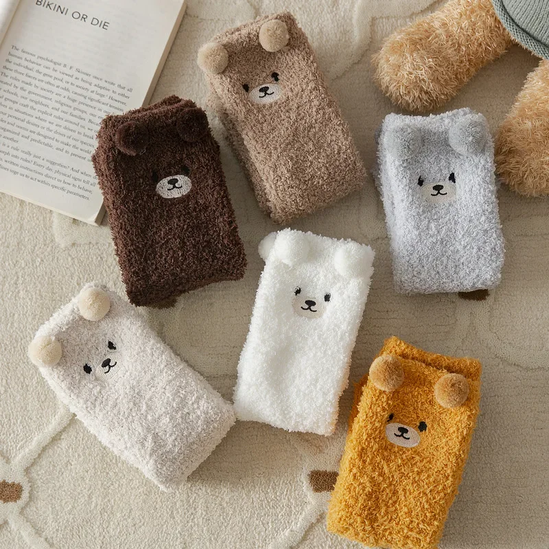 Women Winter Warm Fluffy Socks Home Floor Sleep Kawaii 3D Bear Cute Animal Thick Fleece Fuzzy Sock Japanese Fashion Korean Style