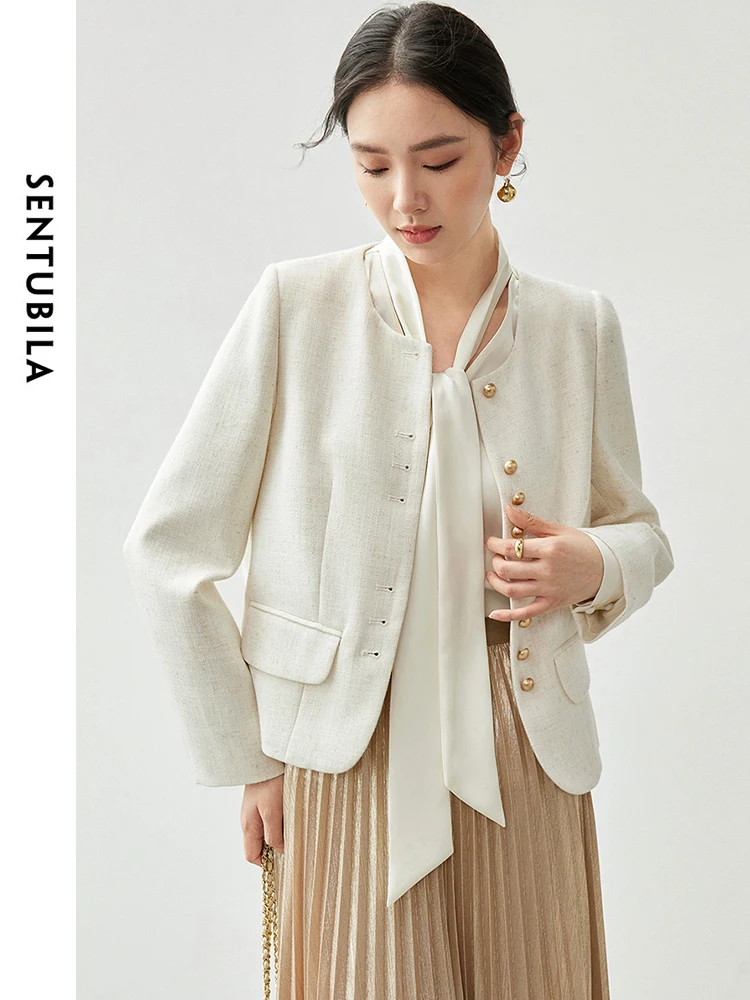 

SENTUBILA Texture Tweed Linen Jackets Wome 2024 Autumn French Straight Elegant Single Metal Button O Neck Short Coat 143W56605