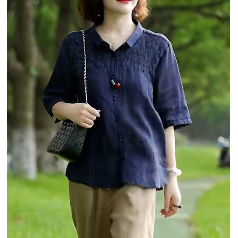 Women Vintage Embroidery Cotton Linen Shirts Spring Summer Casual Thin Breathable Blouses Ladies Half Sleeve Solid Oversize Tops