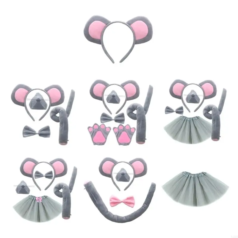 

N5KB 1/4/5Pcs Mouse Costume for Kids-Mouse Ears Headband Tail Bowtie Tail Nose Gloves Skirt Animal Cosplay Accessories